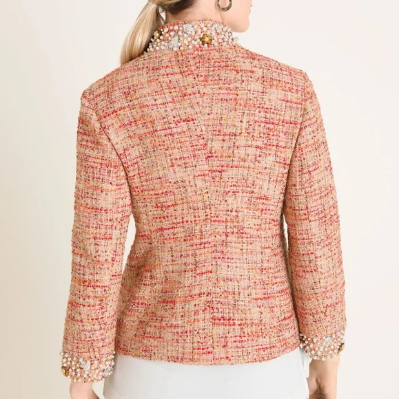 NWT Chico's Tweed Orange Boucle Pearl Sequin Collar Jacket Size 3 US Size L
